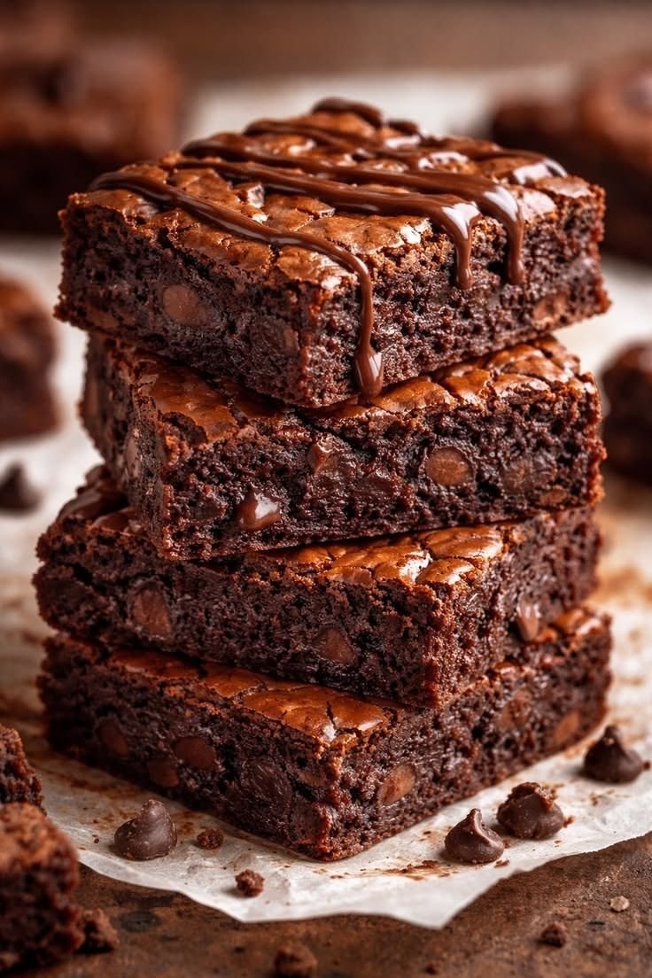 A stack of fudgy chocolate brownies finished with a chocolate drizzle