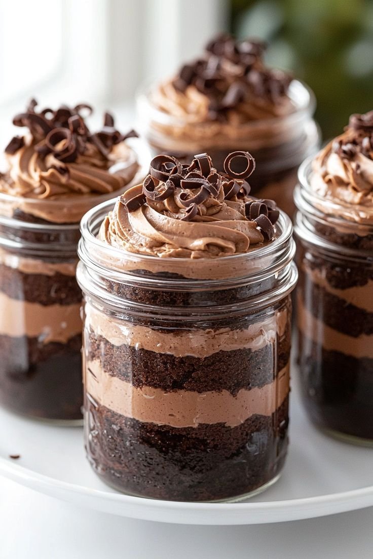 Chocolate cake jars layered with cream and topped with chocolate curls