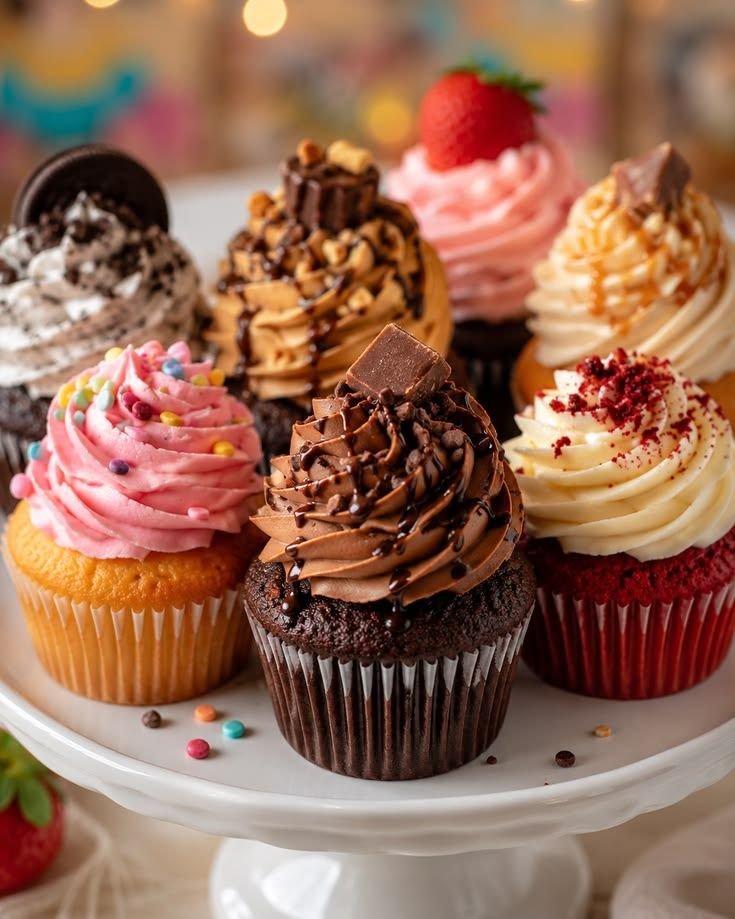 Assorted cupcakes swirled with buttercream on a white cake stand
