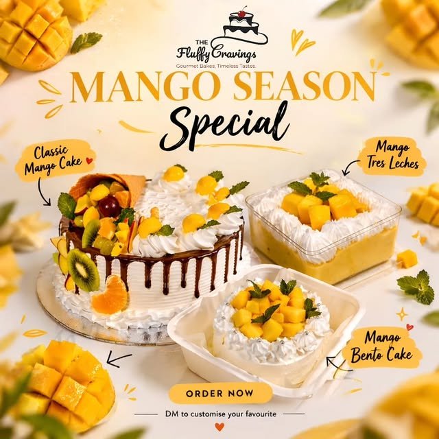Mango season special — classic mango cake, mango tres leches and a mango bento cake